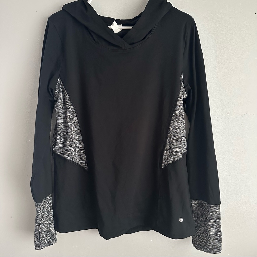 XL Bally total fitness athletic hoodie running activewear top gray black thin